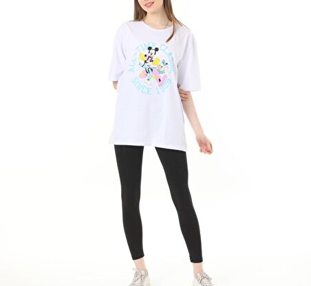 Beyaz Mickey Donald Baskılı Oversize Tshirt