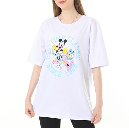 Beyaz Mickey Donald Baskılı Oversize Tshirt