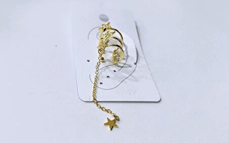 Earcuff Çelik Zirkon Taşlı Yıldız Sallantılı 3 Yıldız Altın Renk Küpe