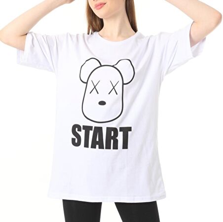 Beyaz Start Baskılı Oversize  Tshirt