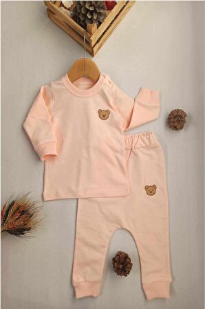 Diamondstar Ayı Aplikeli somon renk şalvar pantolonlu Sweat Takım 6/18 ay