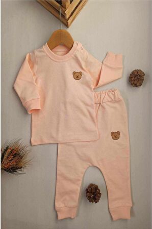 Diamondstar Ayı Aplikeli somon renk şalvar pantolonlu Sweat Takım 6/18 ay