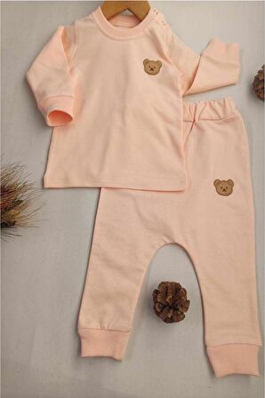 Diamondstar Ayı Aplikeli somon renk şalvar pantolonlu Sweat Takım 6/18 ay
