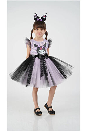 Kuromi Taç Aksesuarlı Pullu Baskılı  Parti Doğum Günü Kız Elbise 3/10 Yaş