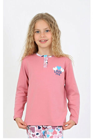 Kız Çocuk Love Me Baklı Uzun Kollu %100 Pamuklu Düğme Detaylı Pijama Takımı  6/9 Yaş