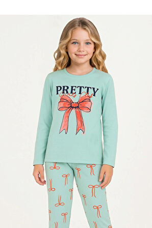 Kız Çocuk Pretyy Baskılı Uzun Kollu %100 Pamuklu  Pijama Takımı  