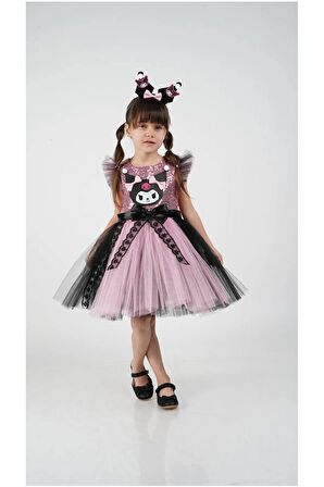 Kuromi Taç Aksesuarlı Pullu Baskılı  Parti Doğum Günü Kız Elbise 3/10 Yaş