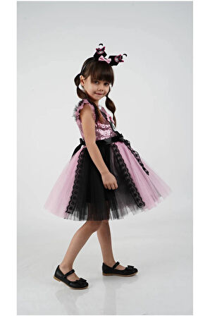 Kuromi Taç Aksesuarlı Pullu Baskılı  Parti Doğum Günü Kız Elbise 3/10 Yaş