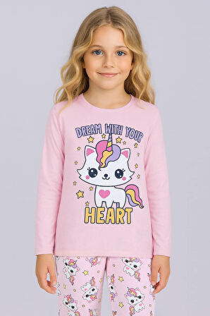 Kız Çocuk Baskılı Uzun Kollu %100 Pamuklu Pijama Takımı  2/5 Yaş