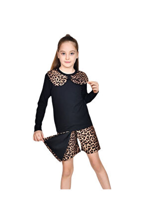 Fiyonk Yakalı Triko Leopar Şort Etekli 2 Li Takım 2/5 Yaş