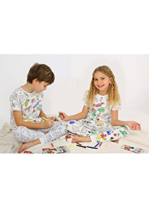 Kısa Kollu + Özel Kalem BOYANABİLİR Kız Erkek Çocuk Pijama Takım
