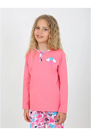 Kız Çocuk Love Me Baklı Uzun Kollu %100 Pamuklu Düğme Detaylı Pijama Takımı  10/15 Yaş
