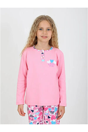 Kız Çocuk Love Me Baklı Uzun Kollu %100 Pamuklu Düğme Detaylı Pijama Takımı  6/9 Yaş