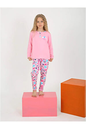 Kız Çocuk Love Me Baklı Uzun Kollu %100 Pamuklu Düğme Detaylı Pijama Takımı  6/9 Yaş