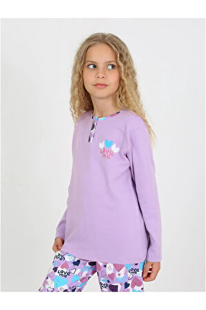 Kız Çocuk Love Me Baklı Uzun Kollu %100 Pamuklu Düğme Detaylı Pijama Takımı  10/15 Yaş