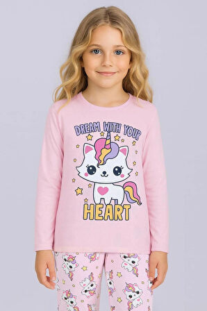 Kız Çocuk Baskılı Uzun Kollu %100 Pamuklu Pijama Takımı 