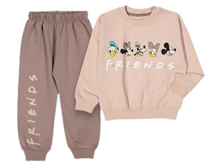 Bisiklet Yaka Uzun Kollu Minnie Mouse Baskılı Kız Çocuk Sweatshirt ve Eşofman Alt 2'li Takım