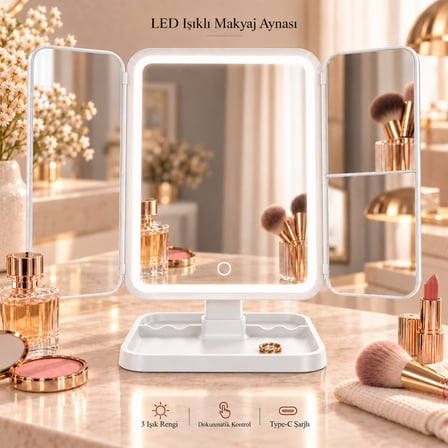 Tilbe Home LED Işıklı Makyaj Aynası Renkli Dokunmatik Büyüteçli Şarjlı Katlanabilir Masaüstü Stüdyo Ayna Beyaz