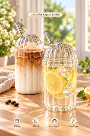 2'li Kubbe Kapaklı Pipetli Bardak Isıya Dayanıklı EggGlass İskandinav Kahve Sunum Bardağı 430ml Set