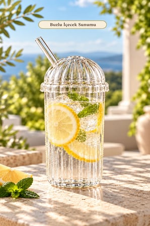 2'li Kubbe Kapaklı Pipetli Bardak Isıya Dayanıklı EggGlass İskandinav Kahve Sunum Bardağı 430ml Set