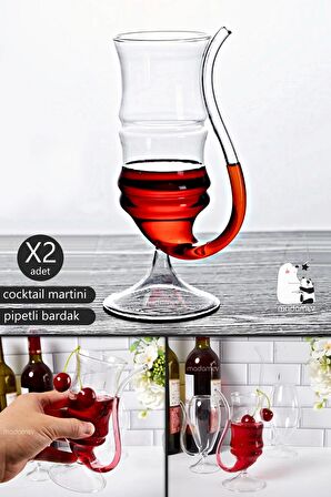 2'li Pipetli Cocktail Bardak Çizgili Düz Kokteyl Coupes Vaso Borosilikat Bardak Seti