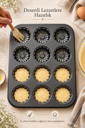 12'li Gül Kabartma Muffin Kalıbı Yapışmaz Cupcake Kek Kapsül Brownie Fırın Tepsisi Paslanmaz Siyah