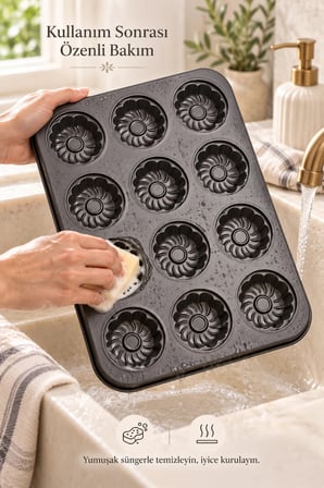 12'li Gül Kabartma Muffin Kalıbı Yapışmaz Cupcake Kek Kapsül Brownie Fırın Tepsisi Paslanmaz Siyah