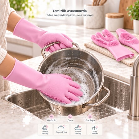 Tilbe Home 2 Çift Silikon Bulaşık Eldiveni Tırtıklı Elastik Kaymaz Dayanıklı Mutfak Araç Yıkama Eldiveni Pembe