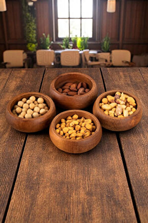 Tilbe Home 4lü Ahşap Kase Çerezlik Kuruyemiş Sunumluk Natural Sofra Sunum Kahvaltılık Kase Seti