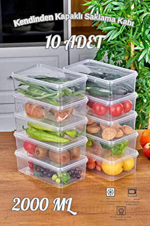 Tilbe Home 10'lu Buzdolabı Organizer Kendinden Kapaklı Mikrodalga Difrize Uygun 2000ml Dikdörtgen Saklama Kabı