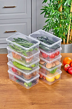Tilbe Home 10'lu Buzdolabı Organizer Kendinden Kapaklı Mikrodalga Difrize Uygun 2000ml Dikdörtgen Saklama Kabı