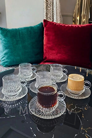 Tilbe Home 12 Parça Cam Kahve Fincan Seti Çizgili Desen Nescafe Fincanı Cam Tabaklı Çay Takımı 125cc
