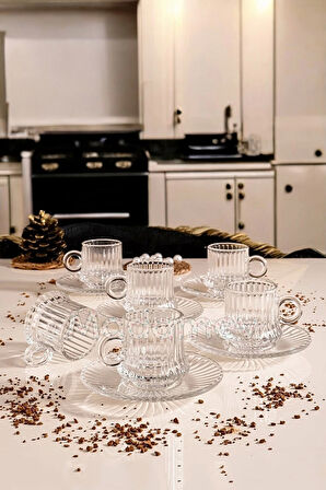 Tilbe Home 12 Parça Cam Kahve Fincan Seti Çizgili Desen Nescafe Fincanı Cam Tabaklı Çay Takımı 125cc