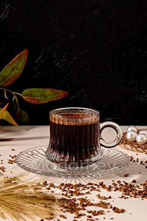 Tilbe Home 12 Parça Cam Kahve Fincan Seti Çizgili Desen Nescafe Fincanı Cam Tabaklı Çay Takımı 125cc