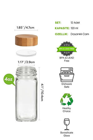 Madamev 12’li Stantlı Bambu Kapaklı Etiketli Cam Kare Formlu Baharatlık Takımı Serpme Başlıklı Baharatlık Set