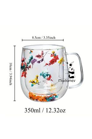 4lü Çift Cidarlı Çiçekli Flower Cup Bardak 350 ml El Yapımı Borosilikat Kulplu Kahve Sunum Bardağı