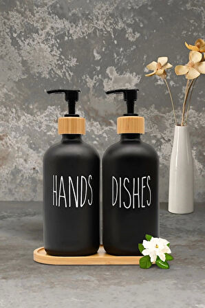 Hands Dishes 2’li Soft Siyah Dekoratif Mutfak Banyo Sıvı Cam Sabunluk Seti 500ml Bambu Stantlı Set