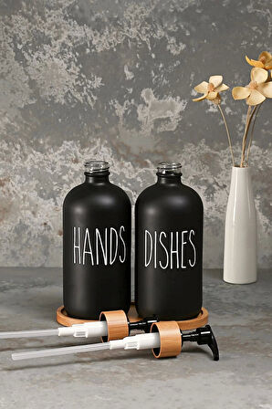 Hands Dishes 2’li Soft Siyah Dekoratif Mutfak Banyo Sıvı Cam Sabunluk Seti 500ml Bambu Stantlı Set