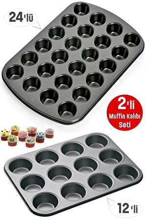 Muffin Kalıbı 24'lü Mini + 12'li Büyük Cupcake Kek Kapsülü Yanmaz Yapışmaz Baking Pan Fırın Kalıbı