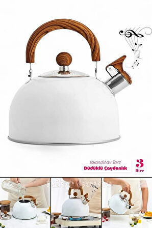 Tilbe Home 3 Litre Düdüklü Çaydanlık İskandinav Ahşap Su Isıtıcı Islık Çalan Çaydanlık Kettle Demlik Çay Potu