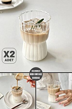 2'li İskandinav Midi Vintage Burgulu Tarz Bardak Kahve Sunum Isıya Dayanıklı Cam Bardağı 380 ml.