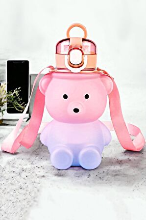 Smile Ayıcık Model Su Matarası 800 ml Askılı Çocuk Okul Su Şişesi Sızdırmaz Kapaklı Ergonomik Suluk