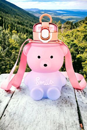 Smile Ayıcık Model Su Matarası 800 ml Askılı Çocuk Okul Su Şişesi Sızdırmaz Kapaklı Ergonomik Suluk