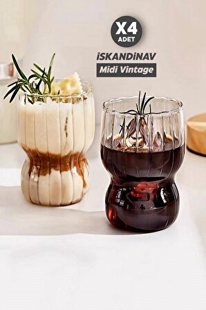 4'lü İskandinav Midi Vintage Burgulu Tarz Bardak Kahve Sunum 380 ml. Isıya Dayanıklı Cam Bardağı