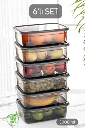 Tilbe Home 6lı Sızdırmaz Kapaklı Derin Dondurucuya Uygun Saklama Kabı Düzenleyici Gri Erzak Kabı Organizer 3Lt