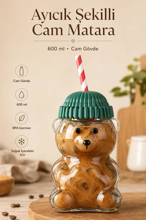 Ayıcık Şekilli Cam Bardak Su Matarası 600ml Pipetli Kapaklı Suluk Soğuk İçecek Kokteyl Bardağı Şişe