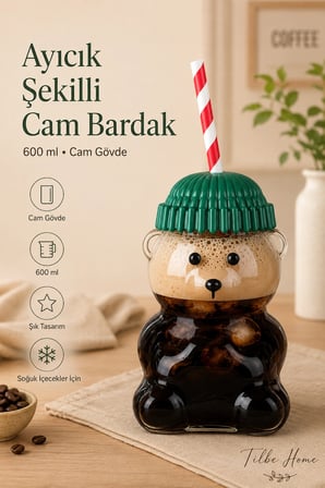 Ayıcık Şekilli Cam Bardak Su Matarası 600ml Pipetli Kapaklı Suluk Soğuk İçecek Kokteyl Bardağı Şişe