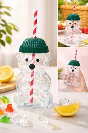 Ayıcık Şekilli Cam Bardak Su Matarası 600ml Pipetli Kapaklı Suluk Soğuk İçecek Kokteyl Bardağı Şişe