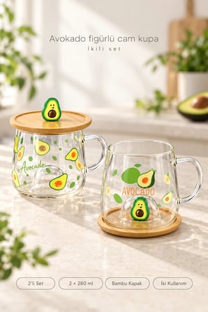 2li Bambu Kapaklı Avakado Meyve Figürlü Cam Bardak Baskılı Meşrubat Kupası Çay Bardağı 280 ml.