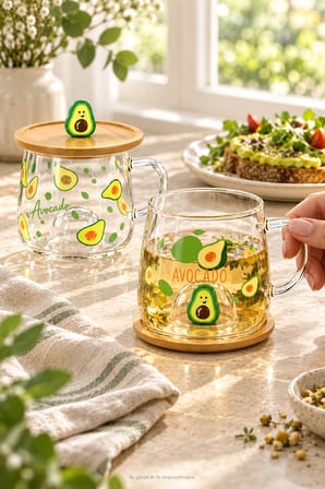 2li Bambu Kapaklı Avakado Meyve Figürlü Cam Bardak Baskılı Meşrubat Kupası Çay Bardağı 280 ml.